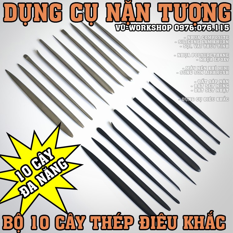 Dụng cụ điêu khắc - Dụng cụ nặn tượng - Bộ 10 cây điêu khắc thép nguyên khối điêu khắc tạo hình mỹ thuật