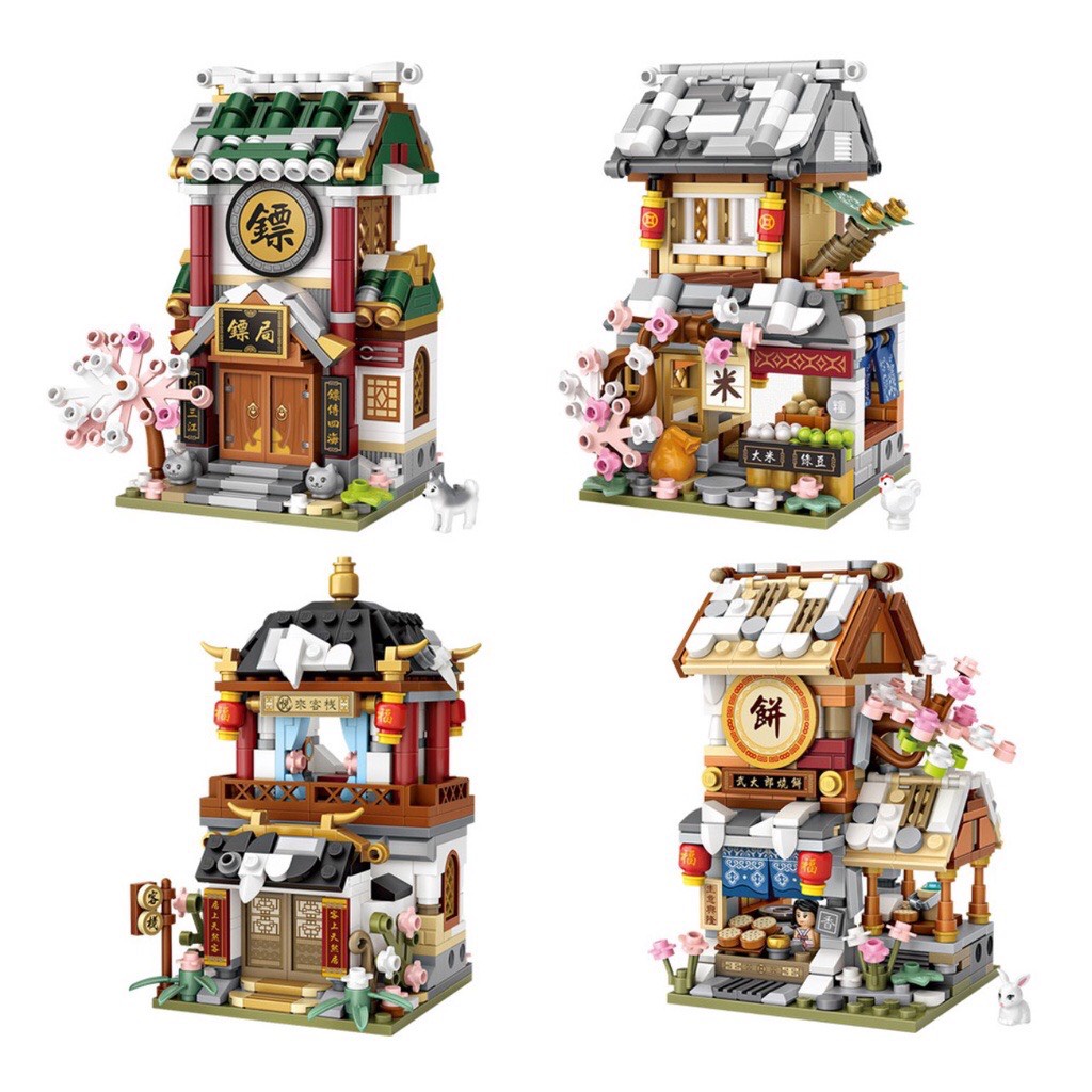 Combo đồ chơi lắp ráp mô hình cửa hàng gạo và mô hình cửa hàng bánh 1741-1744