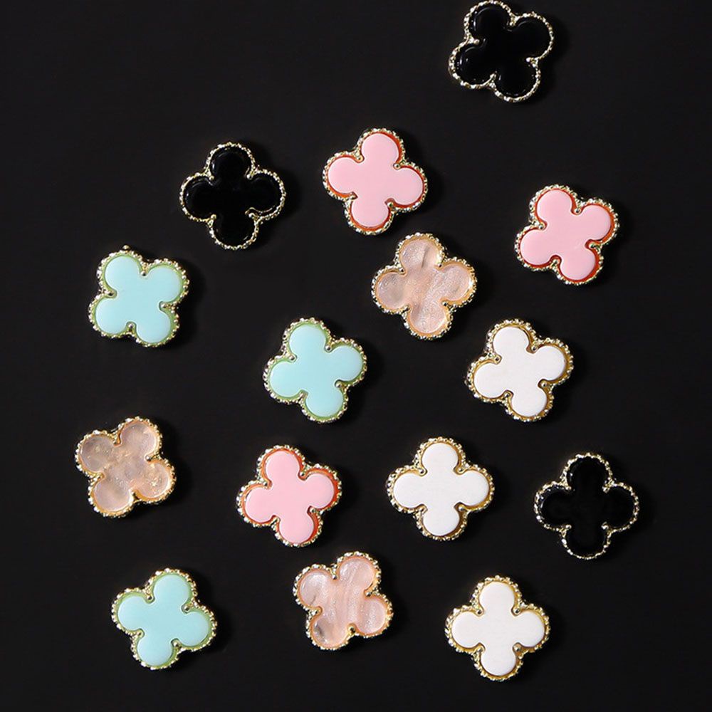 [Hàng mới về] 10 Phụ kiện trang trí móng tay nghệ thuật hình cỏ bốn lá 3d bằng hợp kim màu trắng và đen diy