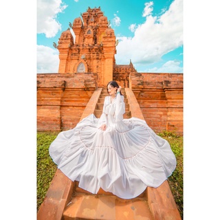 Sét áo tay loe+chân váy voan 3 tầng trắng viền thổ cẩm