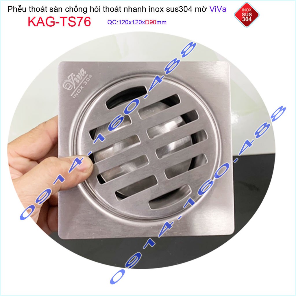 Phễu thoát sàn Viva KAG-TS76 12x12cm D90, phễu thoát sàn SUS304 đúc liền khối sales 40%, hố ga chống hôi inox 304 dày 1.