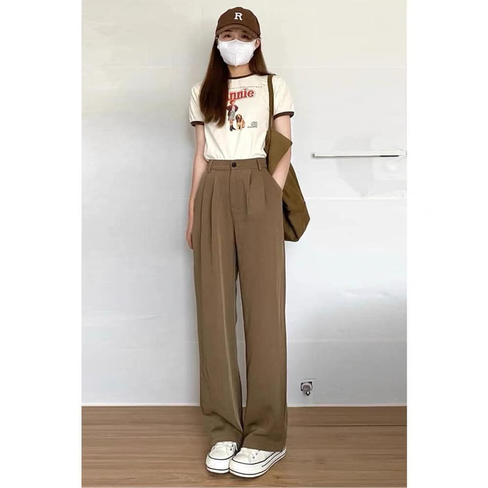Quần tây ống rộng màu choco mới vintage dài 105cm chất vải 2 biên hàn dày dặn