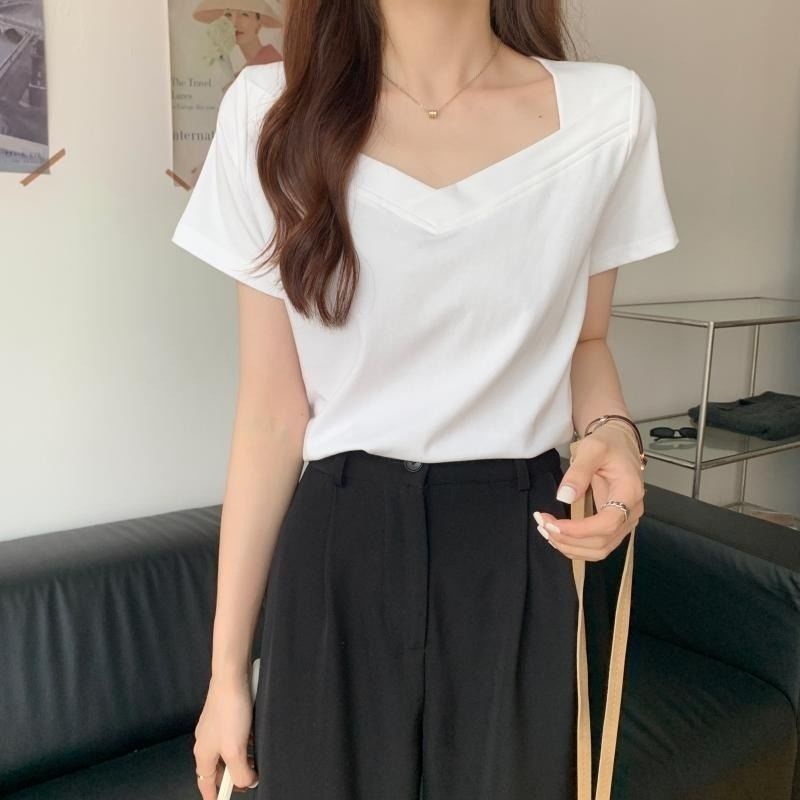 Áo Thun Tay Ngắn Cổ Chữ v Màu Đen Thời Trang Mùa Hè Cho Nữ