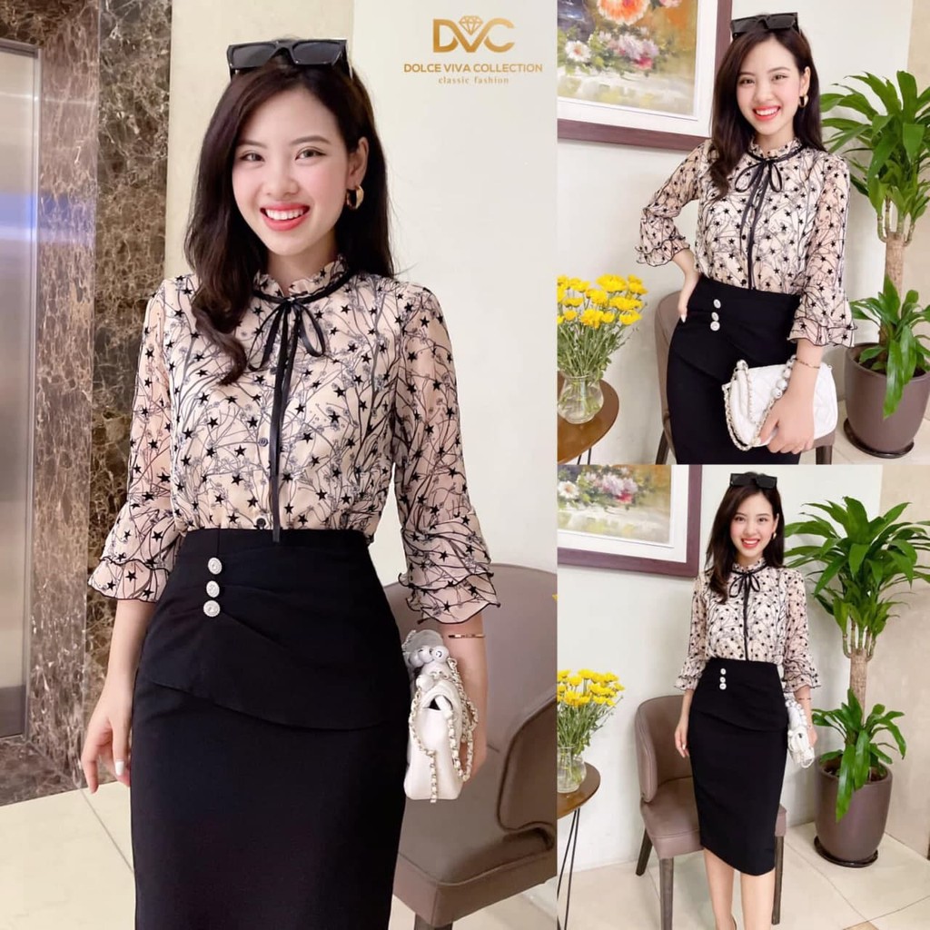 Set thiết kế áo cổ tròn bèo kết hợp chân váy bút chì thanh lịch S1992_Daly Fashion [Kèm ảnh thật]