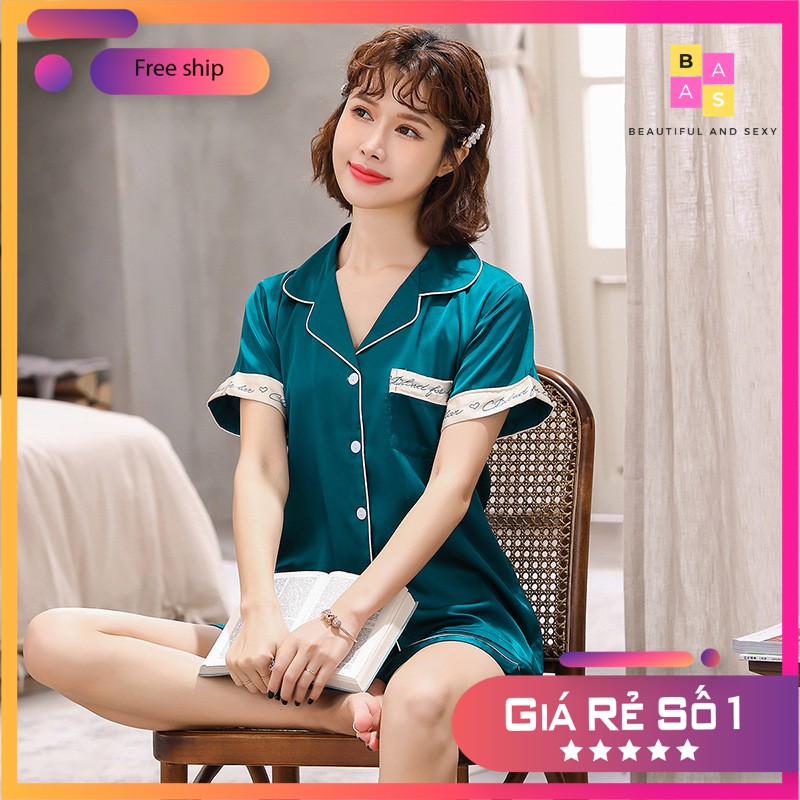 Bộ pijama cộc tay quần đùi phi lụa mát mẻ, bộ đồ ngủ lụa đùi phối họa tiết viền chữ kí BAS087 | BigBuy360 - bigbuy360.vn