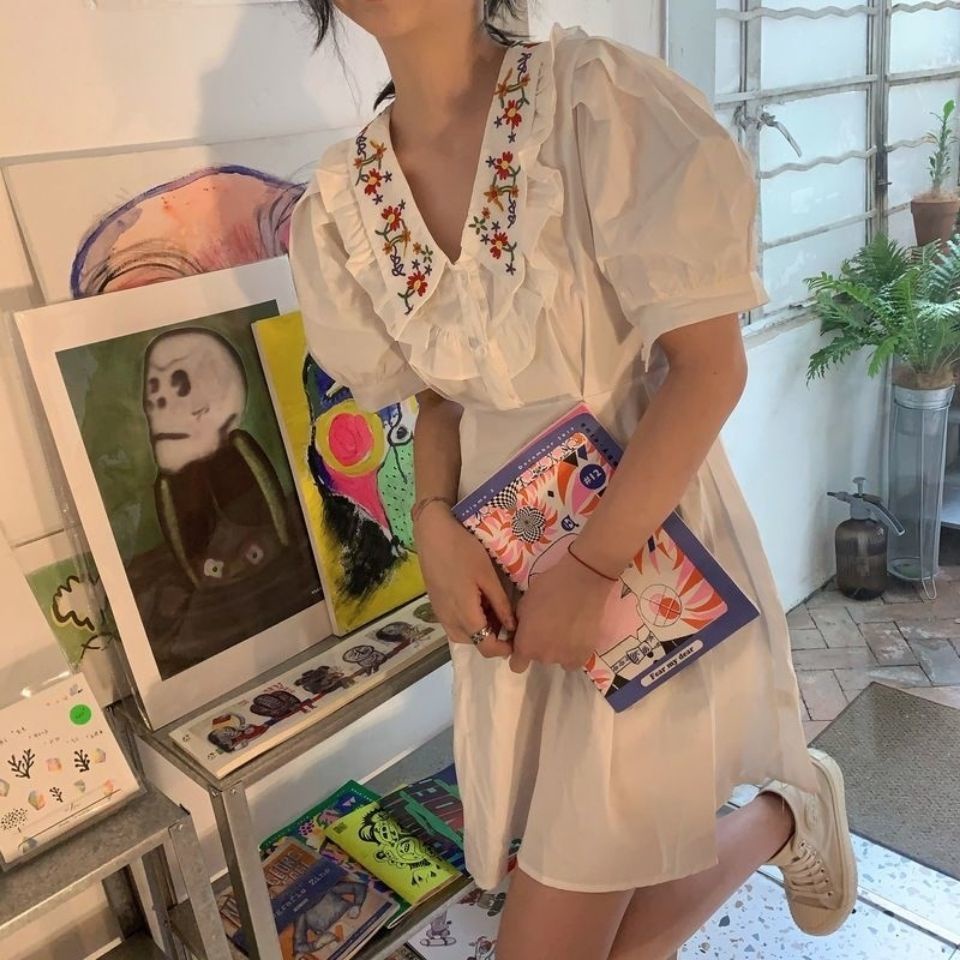 Đầm Tay Ngắn Thắt Cà Vạt Phong Cách Pháp Ngọt Ngào Thời Trang Mùa Hè Mới Cho Nữ 2021 đầm bầu váy nữ váy bé gái váy dài chân váy dài váy nữ chân váy dài