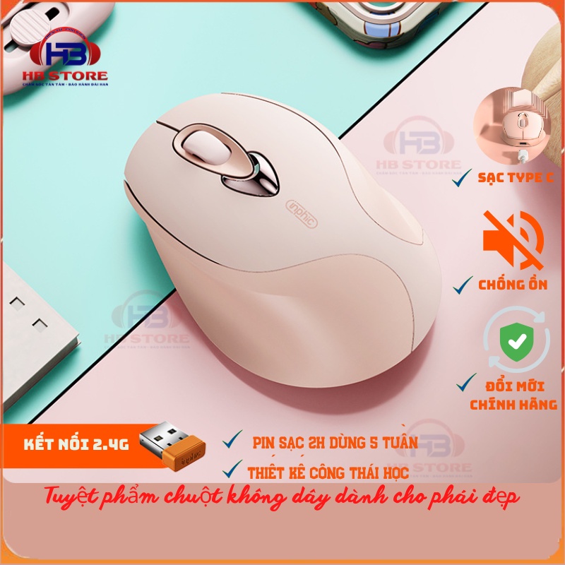 Chuột không dây màu hồng Inphic M8, Chuột không dây wireless chống ồn sạc pin thời trang cá tính
