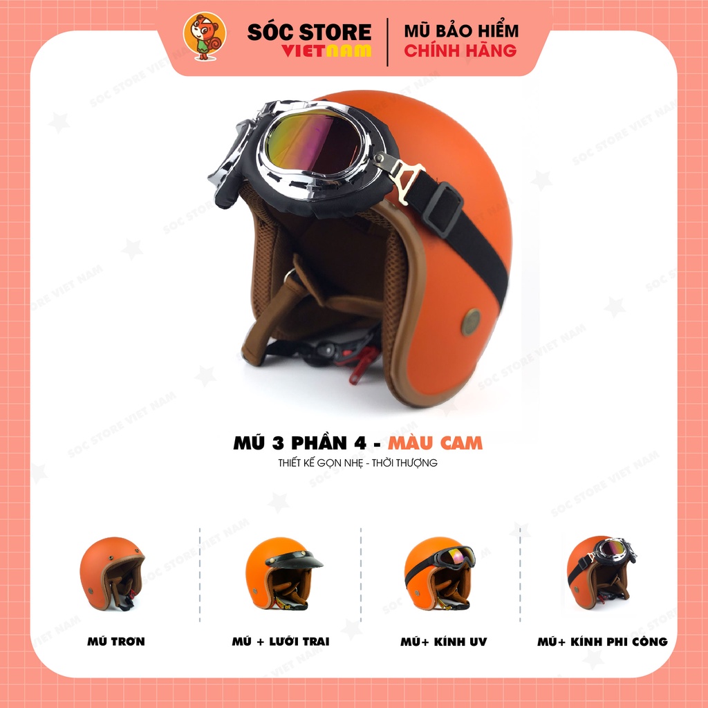 Mũ bảo hiểm 3 phần 4 chính hãng màu cam Sóc Store, nón bảo hiểm 3 phần 4 nam nữ freesize