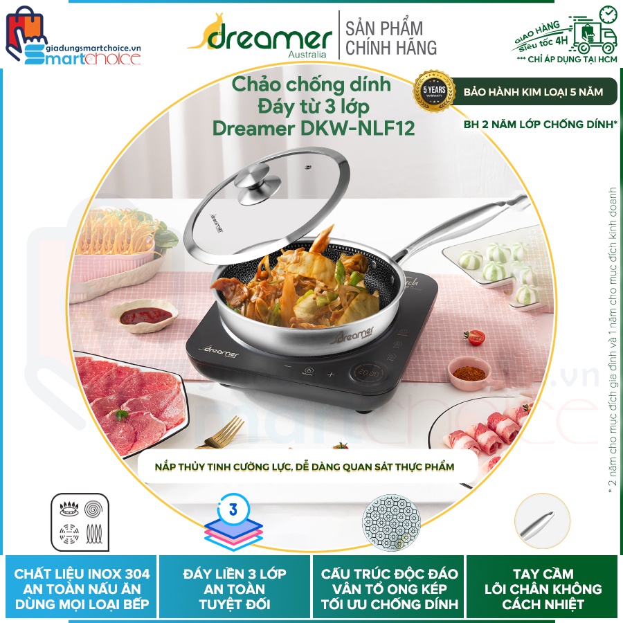 Chảo chống dính Dreamer 3 lớp, Dày 2.5mm, Dùng cho bếp từ, Nắp kính cường lực, Tay cầm lõi chân không, Hàng chính hãng
