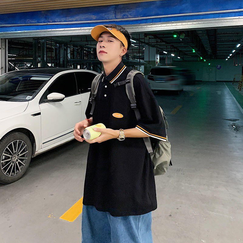 Áo thun polo ngắn tay dáng rộng kẻ sọc thời trang Hàn Quốc cho nam