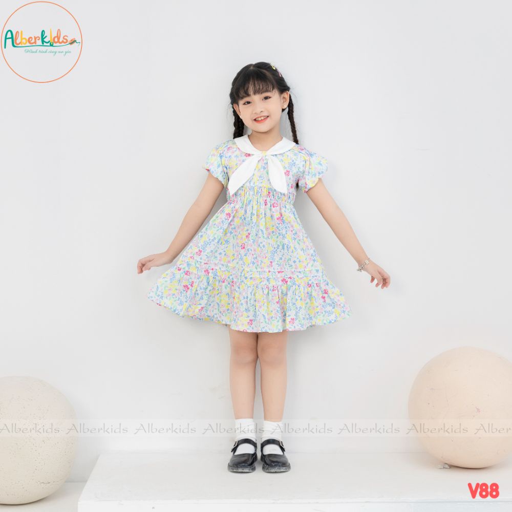 Váy bé gái ALBERKIDS  Liin Dress hoạ tiết hoa cổ nơ công chúa cho trẻ em từ 2,3,4,5,6,7,8,9,10 tuổi [V88]
