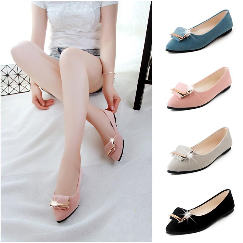 Giày búp bê nữ đế bệt mũi nhọn có khóa kim loại