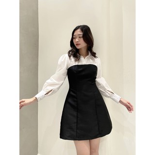 Đầm công sở tay phồng RECHIC cổ sơ mi Luna màu đen thanh lịch.