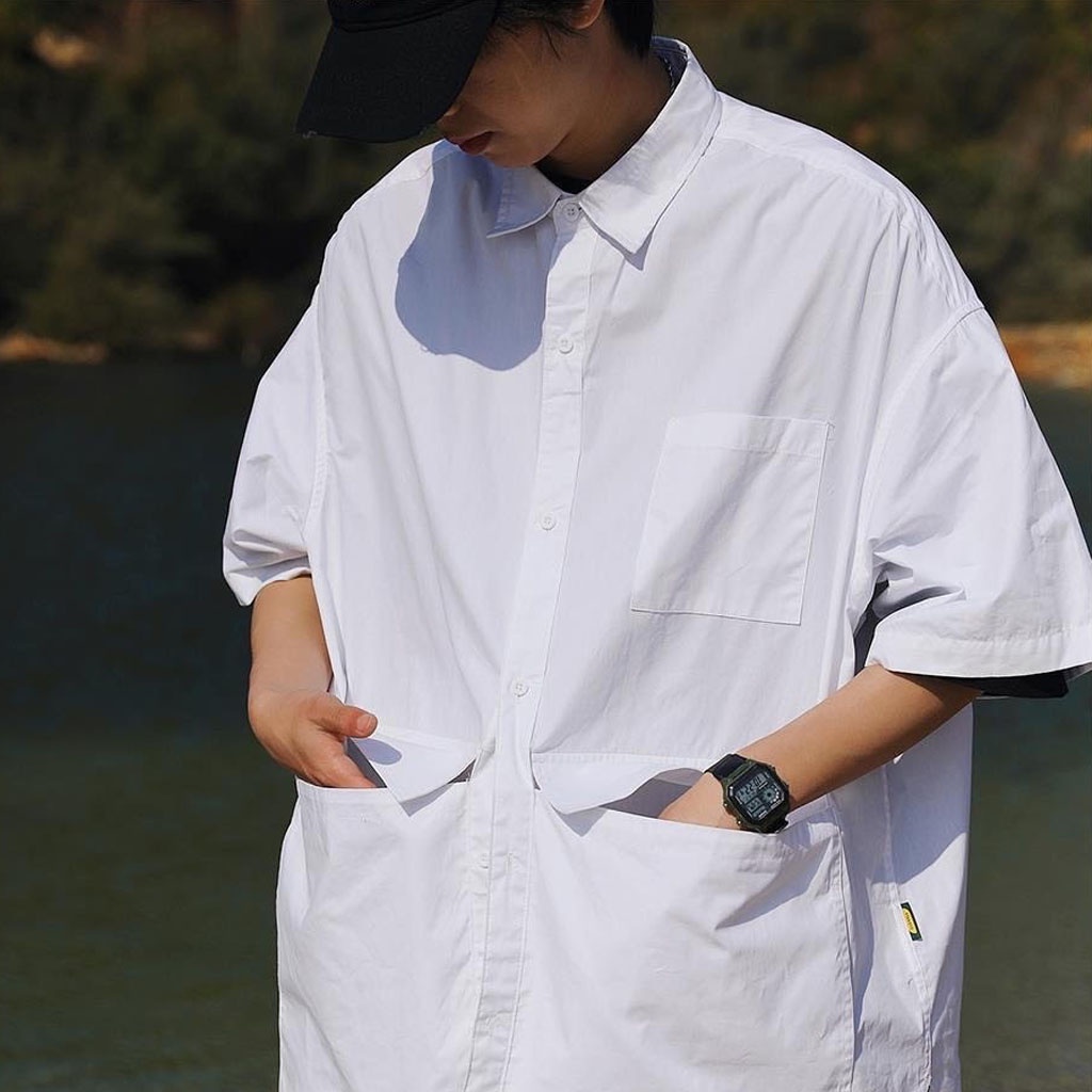 Áo sơ mi nam nữ cộc tay màu trắng và đen Basic, áo sơ mi unisex form rộng dễ phối đồ