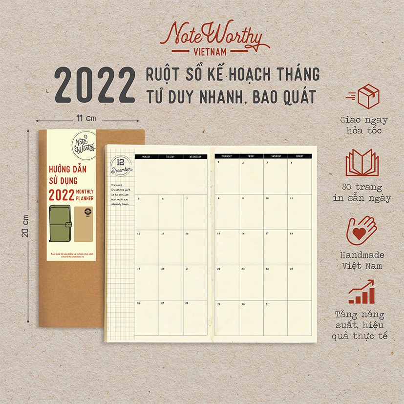 (In sẵn ngày) Sổ tay 2022 lập kế hoạch theo tháng 80 trang 11x20cm bìa mềm tư duy bao quát - Noteworthy monthly planner