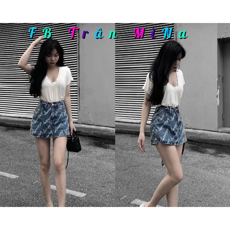 SET PULL TRẮNG CỔ TIM CHÂN VÁY JEAN CHỮ