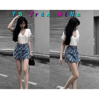 Set pull trắng cổ tim chân váy jean chữ