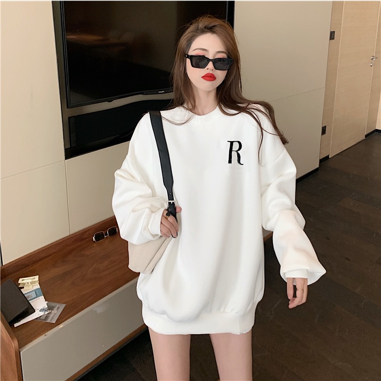 QADCOL Áo sweater dáng rộng in họa tiết chữ phong cách Hàn Quốc trẻ trung