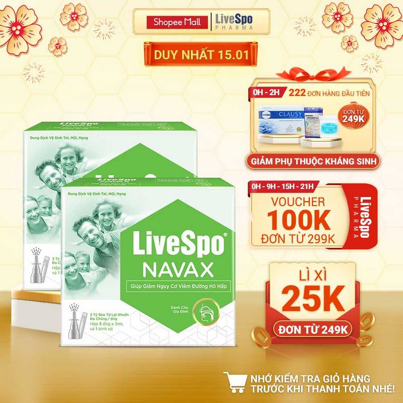 Combo 2 Nước muối sinh lý bào tử lợi khuẩn LiveSpo Navax Family - Dành cho gia đình 5 ống x 5ml