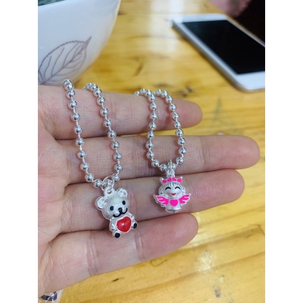 Vòng cổ trẻ em bi 3 li loại đẹp mặt gấu đỏ, thiên thần hồng bạc chuẩn đẹp