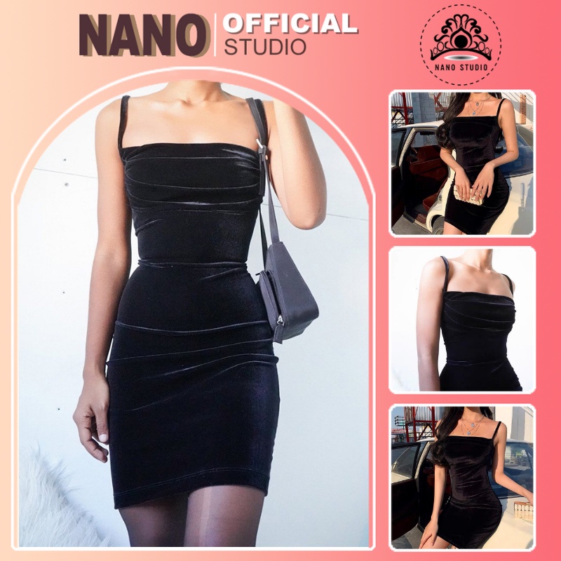 Váy Ôm đen 🌼NaNo Studio🌼Đầm body hở lưng ngực xếp ly 2 dây đổ phụ nữ dự tiệc mặc váy hộp đêm mỏng gợi cảm vải nhung