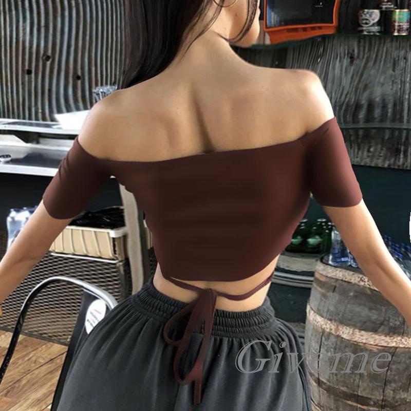 Áo Croptop Tay Ngắn Hở Vai Màu Sắc Trơn Dành Cho Nữ