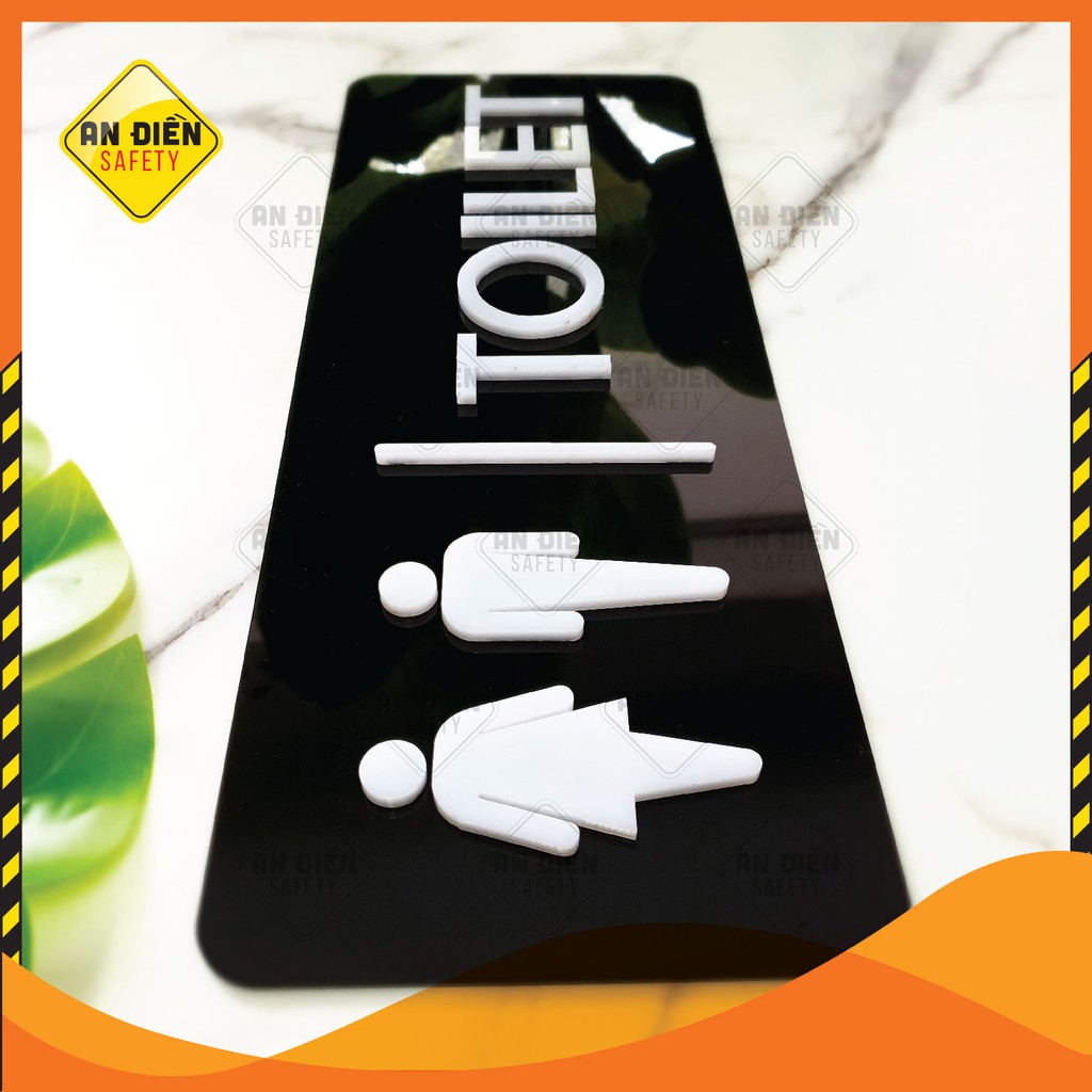 Bảng tên Toilet 40*15 đen trắng hình nhân vật nổi bằng mica cao cấp An Điền Safety, tặng kèm miếng dán 3M
