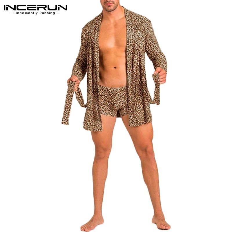 INCERUN Bộ Đồ Ngủ Tay Dài In Họa Tiết Da Báo Thoải Mái Cá Tính Cho Nam