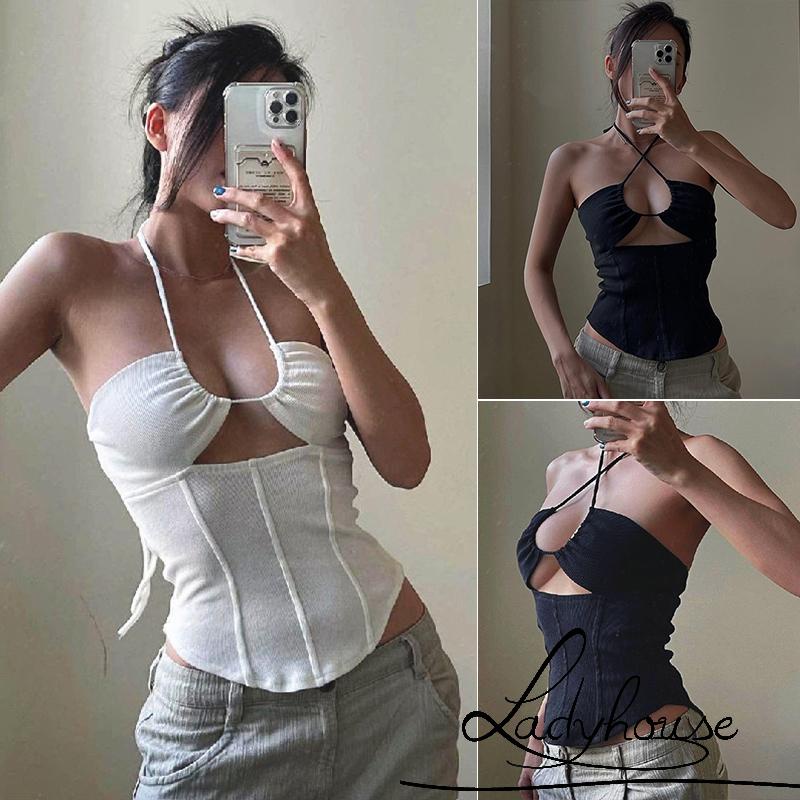 Áo Croptop Không Tay Màu Trơn Thiết Kế Hở Lưng Phối Dây Rút Gợi Cảm Cho Nữ