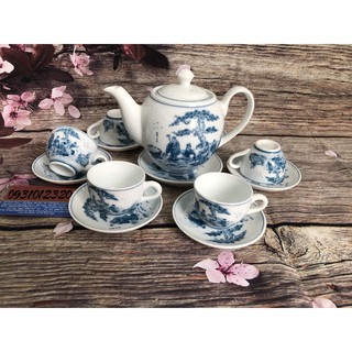 bộ ấm chén văn phòng trắng vẽ trúc lâm thất hiền
