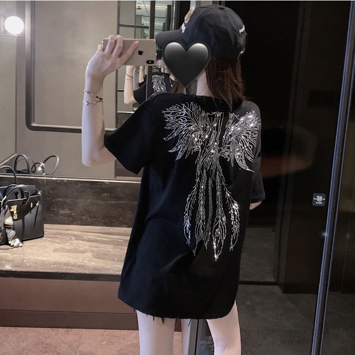 Jiashucheng Áo Thun Tay Ngắn Màu Đen In Hình Đôi Cánh Đính Đá Phong Cách Đường Phố Châu Âu Thời Trang Xuân Hè Cho Nữ