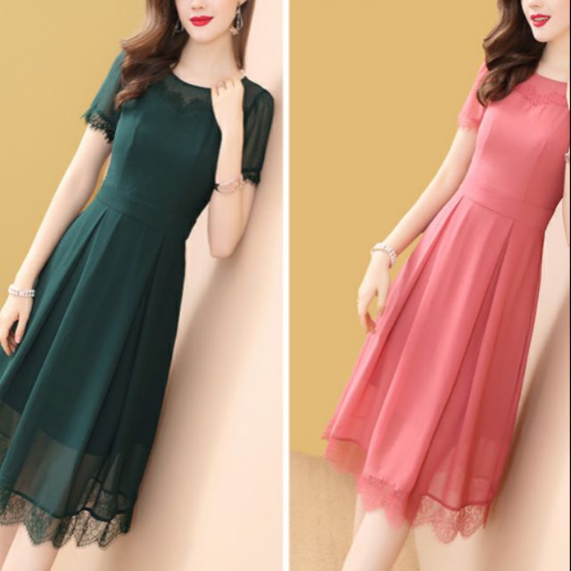XIÊU MẪU THỜI TRANG ĐẦM XÒE CHIFFON VIỀN REN TAY NGẮN : RẺ VÔ ĐỊCH