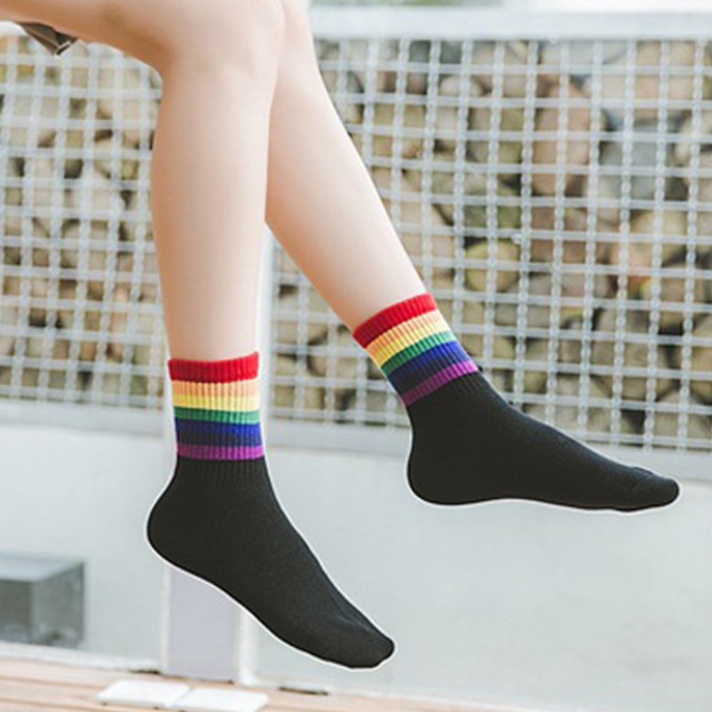 Vớ Cotton Cổ Thấp Kẻ Sọc Cầu Vồng Nhiều Màu Sắc Thoáng Khí Thời Trang Thu Đông Cho Nam Và Nữ