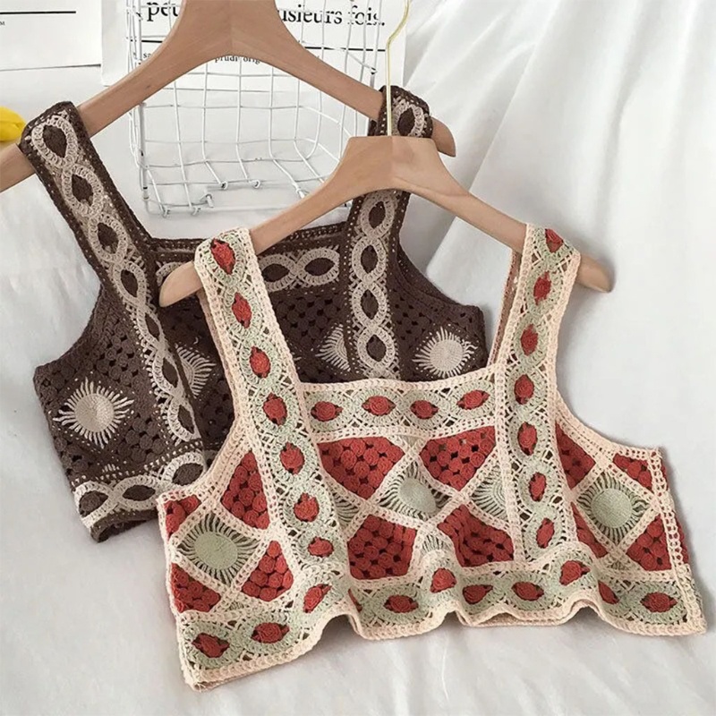 Áo croptop không tay dệt kim thêu hoạ tiết hình học phong cách Bohemian cổ điển thời trang mùa hè đi biển cho nữ