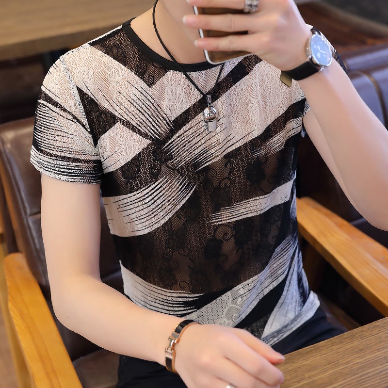 Áo Thun Ngắn Tay Vải Lụa Mát Phối Lưới Thời Trang Xu Hướng Cho Nam