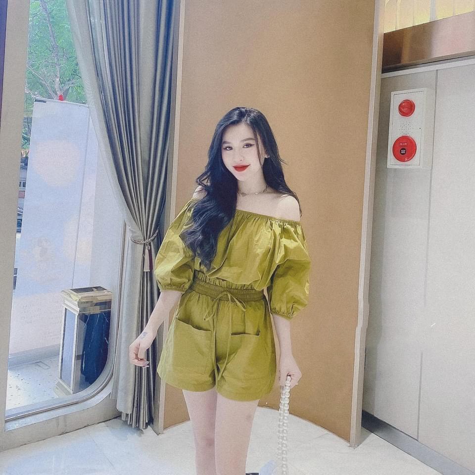 Đồ bộ nữ trễ vai bánh bèo tay ngắn, Set quần áo nữ kiểu: Áo bánh bèo Babydoll Mix Quần Sooc Mặc nhà đi chơi - SN01