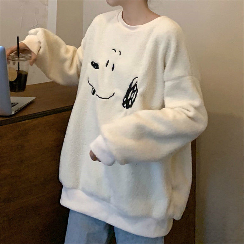 Áo hoodie tròng đầu dáng rộng phong cách Harajuku Hàn Quốc phối nhung dày dặn cho nữ