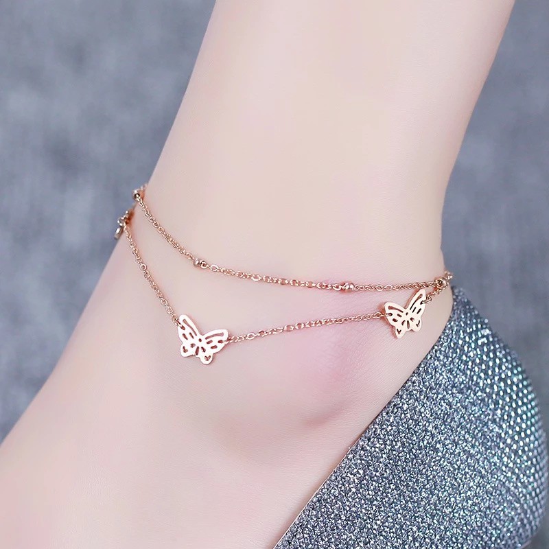 Lắc chân hai lớp thép titan mạ vàng hồng 18k chống nước không phai đính hạt tròn mặt bướm thời trang Hàn Quốc cho nữ