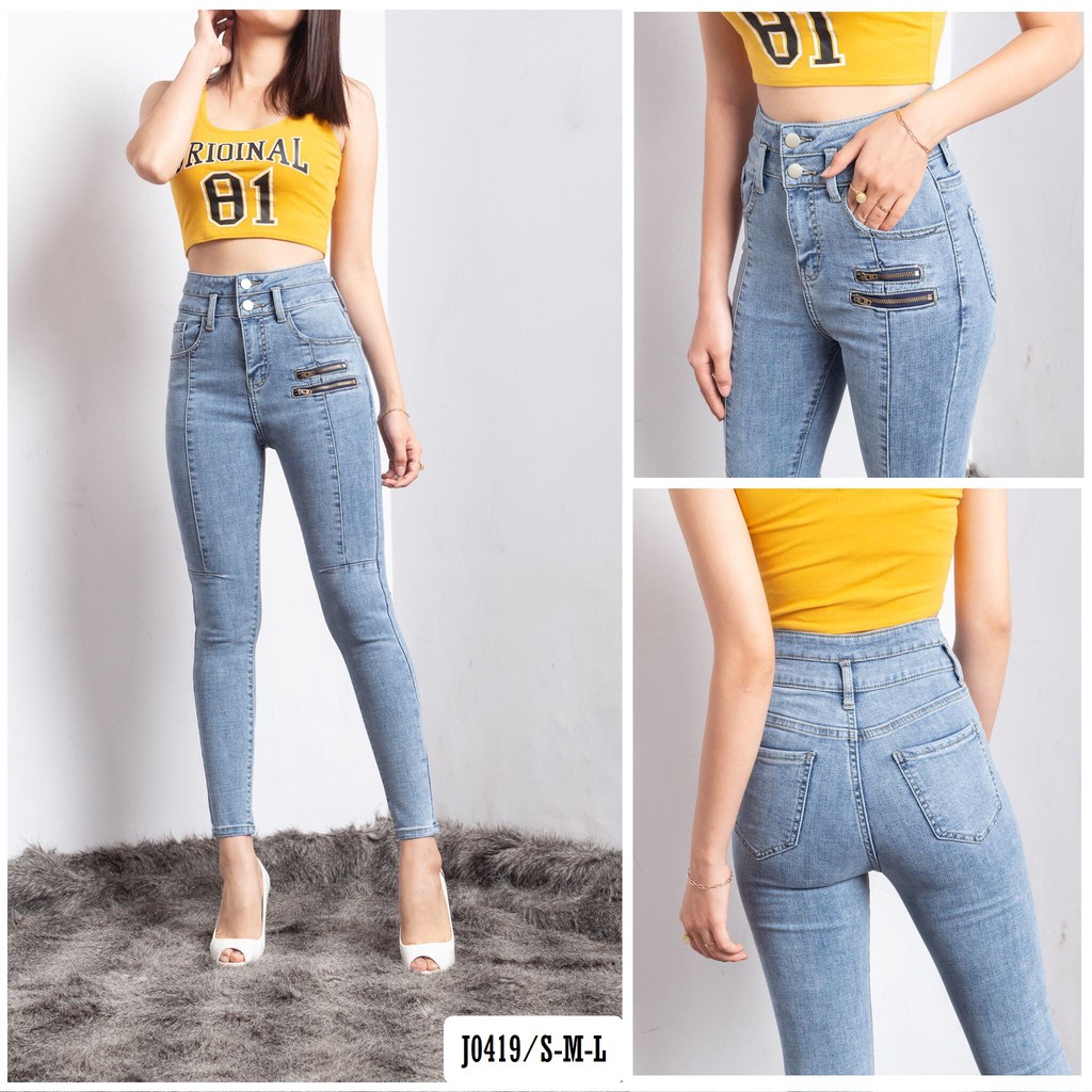 Quần Jean Skinny Nữ Ôm 2 Nút Cạp Cao Phối Dây Kéo Dưới Túi Cá Tính Và Tôn Dáng J0419