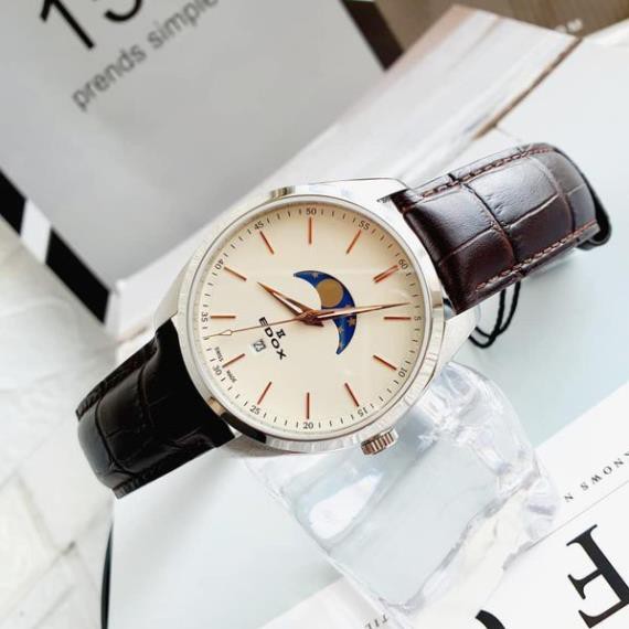 Đồng hồ nam Edox 79018-3-BEIR Swiss Made, kính Sapphire chống trầy, lịch Moonphase, dây da, case 42mm