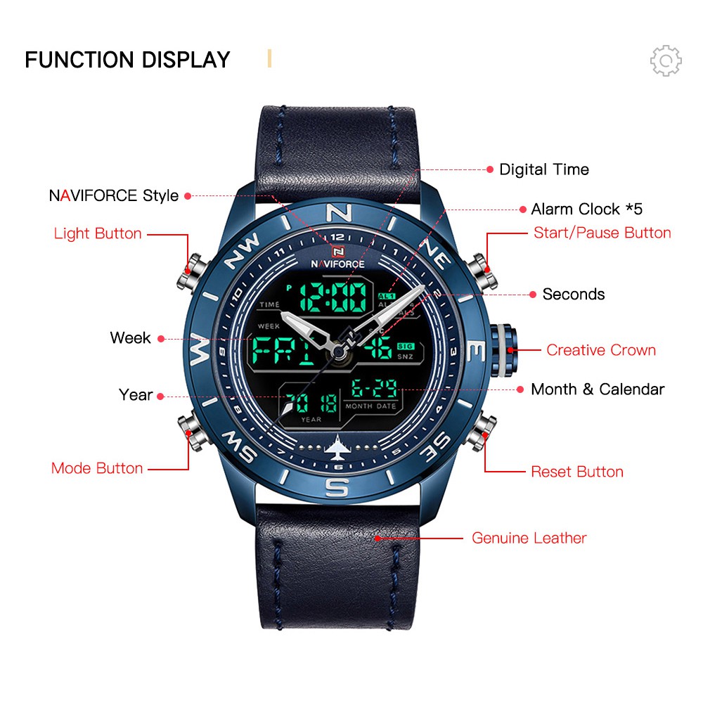 Đồng Hồ Quartz NAVIFORCE Kỹ Thuật Số Chống Thấm Nước Phong Cách Hàn Quốc 9144