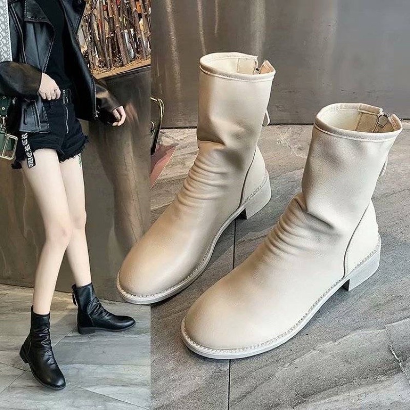Bốt nhăn nữ cổ ngắn đế vuông 5cm