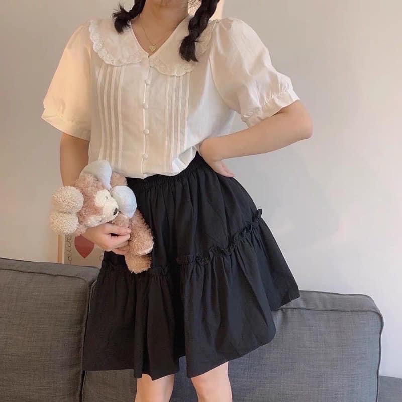 Áo sơ mi trắng cổ sen cộc tay cúc bọc cho nữ