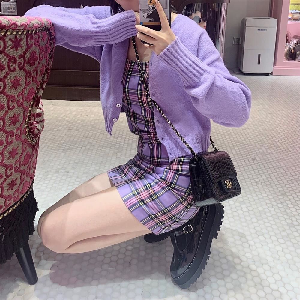 Đầm hai dây dáng ôm chữ A họa tiết sọc caro màu tím phong cách phương Tây thời trang cho nữ