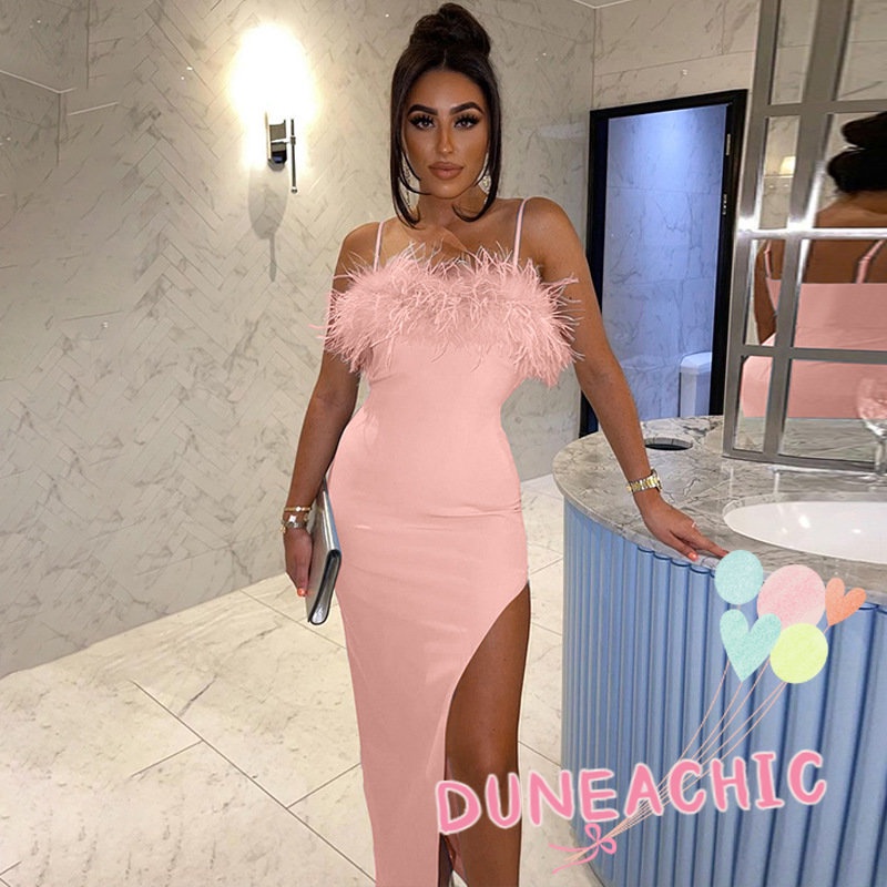 DUNEA Đầm Lông Cừu Hai Dây Hở Lưng Gợi Cảm Cho Nữ