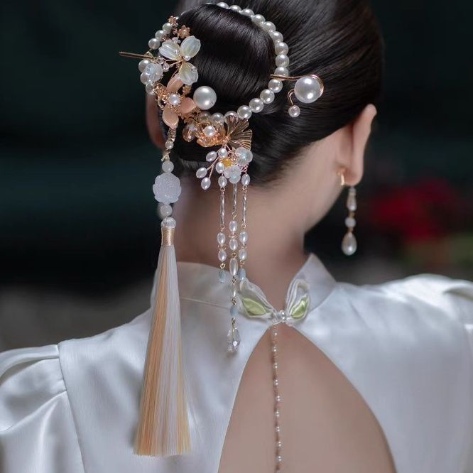 [Aishang Trang Sức Đẹp] Kẹp Tóc Tua Rua Cài Tóc Phối Ngọc Trai Phong Cách Trung Hoa Cổ Điển Hợp Thời Trang