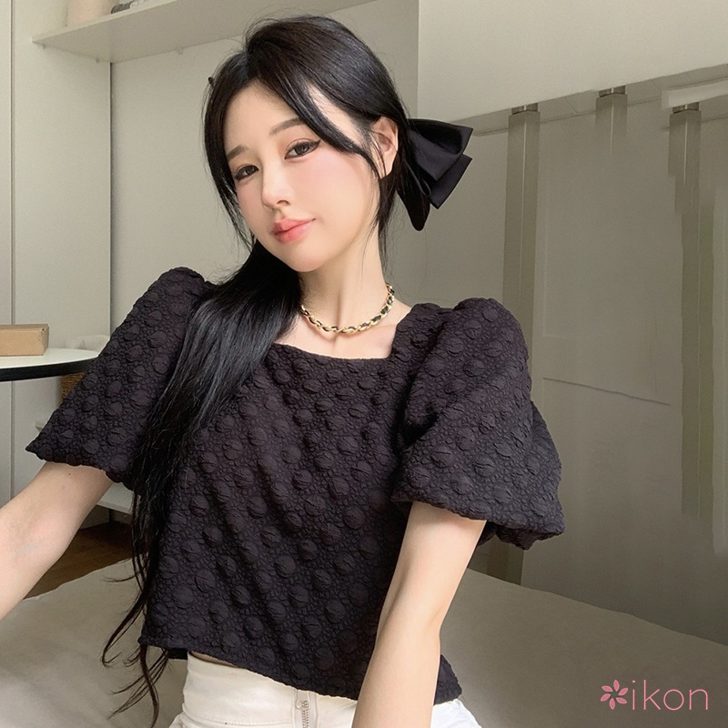 Áo Thun Crop Top Cổ Vuông Tay Phồng Lưng Phối Nơ Ngọt Ngào Gợi Cảm Cho Nữ