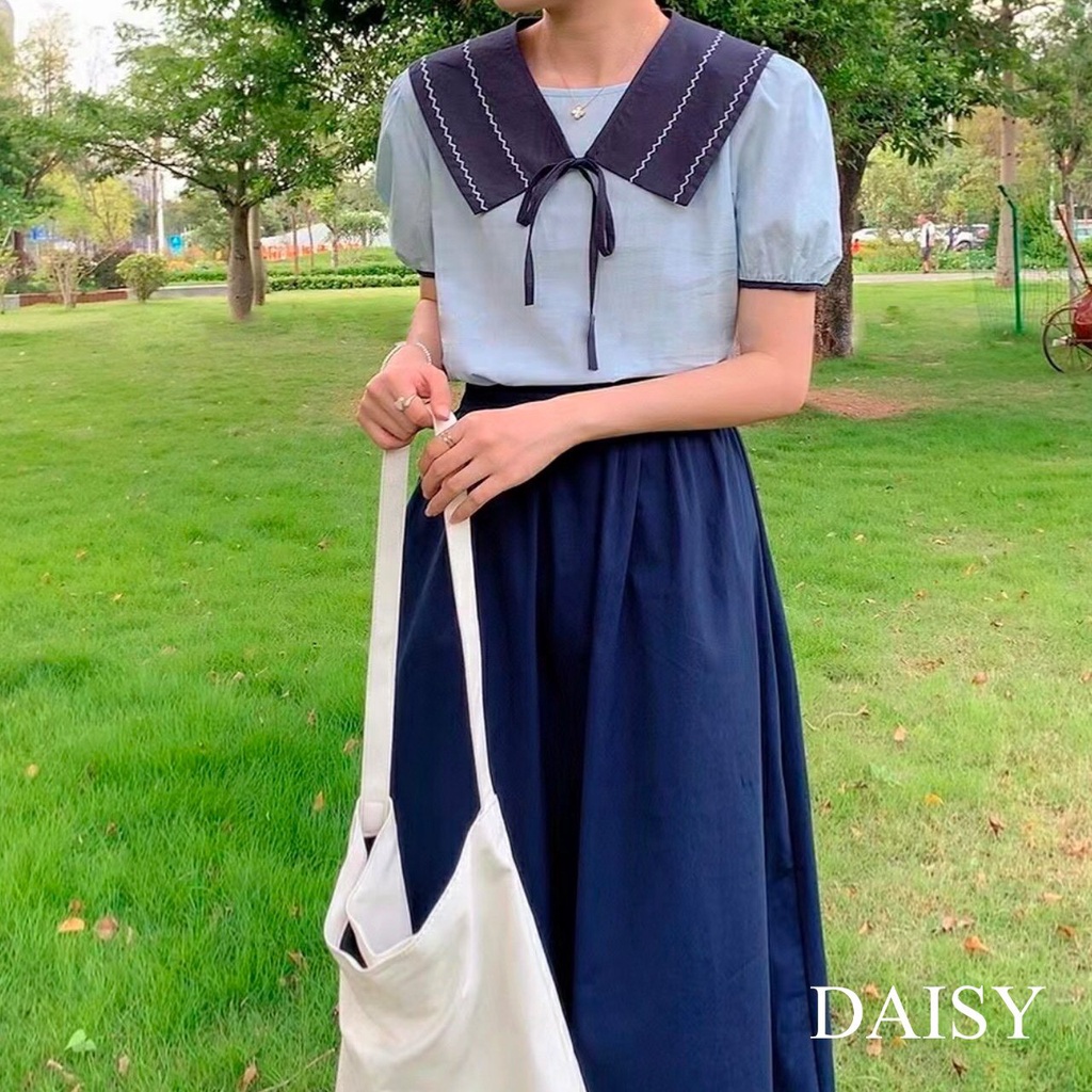 Sơ mi ngắn tay Daisy cổ tròn bản vuông kẻ thủy thủ cột nơ SMY3339