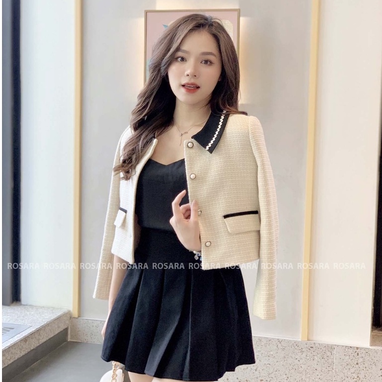 Áo Khoác Dạ Tex Công Sở Nữ Thiết Kế Sang Trọng Phối Cúc Ngọc Cổ Cách Điệu Rosara K11