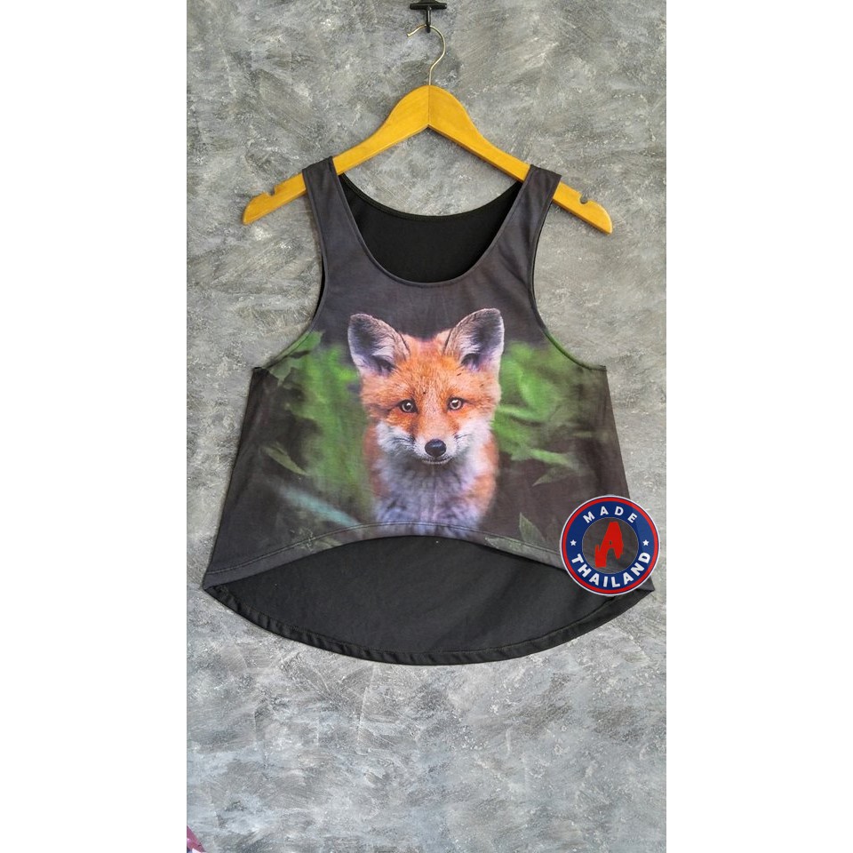 Áo cộc tay đen con cáo , áo cotton Thái in hình